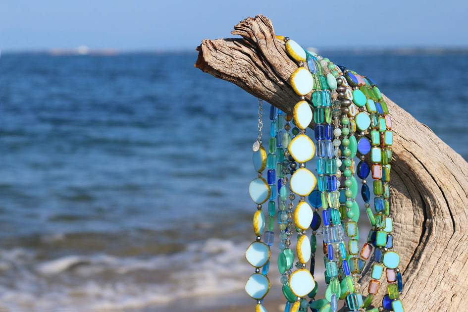 Funky rainbow - Hand-knotted gemstone, glass and crystal bead necklace with  18k gold-filled charms