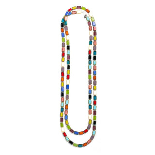Rainbow Multicolor Glass Long Beaded Necklace on White background 