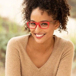 Red Eyeglass Readers on woman 