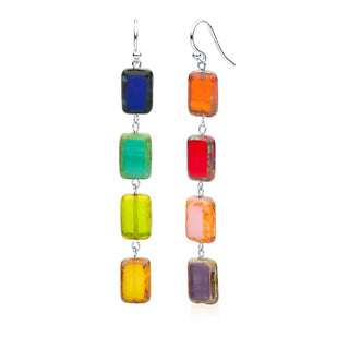 Rainbow Rectangle Glass Tile Dangle Drop Bright Glass Earrings
