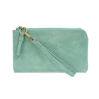 ocean blue vegan leather wallet wristlet and crossbody clutch on white background