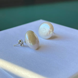 White Coin Freshwater Pearl Stud Earrings, 14mm