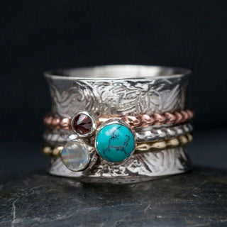 Mixed Metal Spinner Ring with Turquoise, Moonstone and Garnet
