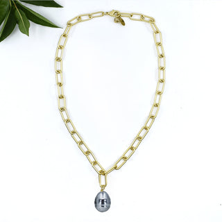 Chunky Pearl Drop Necklace on Gold Paperclip Chain | Steel Blue Pearl Drop