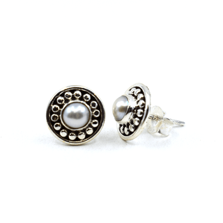 Round Gemstone Stud Earrings with Silver Dot Pattern