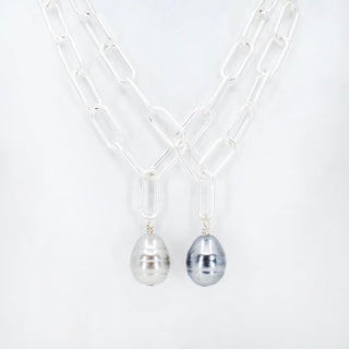 Two Chunky Pearl Drop Necklaces on Silver Paperclip Chain with Silver and Steel Blue Chunky Pearl Pendant Drops