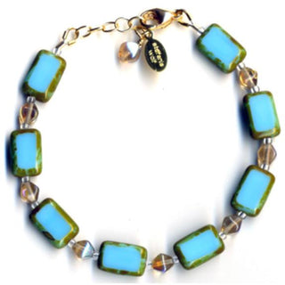 Desert Sky Bracelet, Sky Blue Glass Rectangle Beaded Bracelet on Gold