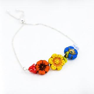 Sterling Slide Bracelet, Flower Bouquet with Bee and Rainbow