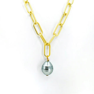 Chunky Pearl Drop Necklace on Gold Paperclip Chain with Teal Green Chunky Pearl Pendant Drop