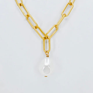 Chunky Pearl Drop Necklace on Gold Paperclip Chain with White Chunky Pearl Pendant Drop