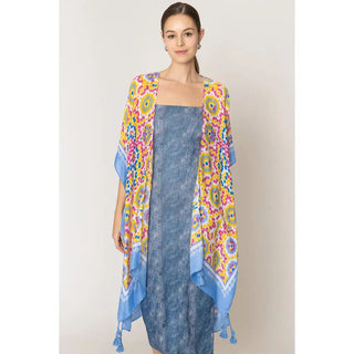 Multicolor Vibrant Tile Print Lightweight Tassel Kimono