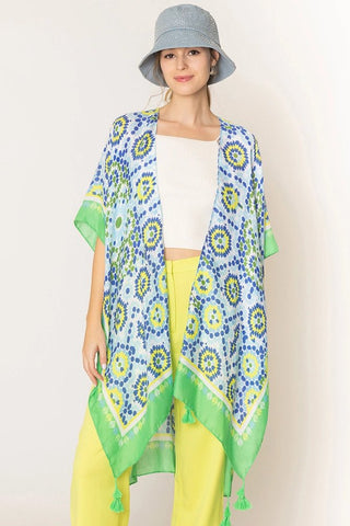 Multicolor Vibrant Tile Print Lightweight Tassel Kimono