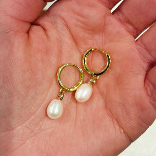 Pearl Drop Gold Huggie Hoop Earrings