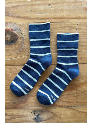 Blue & White Striped Cotton Ankle Socks