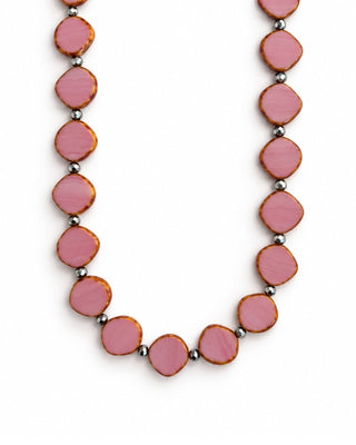 Bubble Gum Pink Beaded Necklace, Small Circle Glass Beaded Necklace