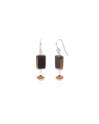 Copper Black Glass Beaded Crystal Dangle Earrings