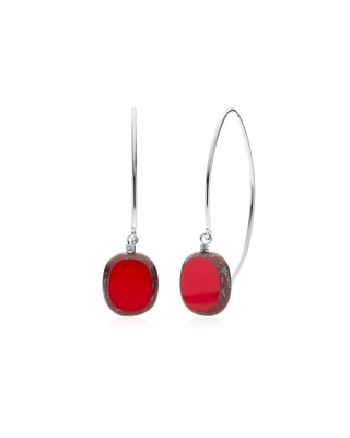 Red Glass Oval Drop Sterling Silver Wishbone Earrings