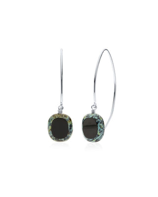 Black Glass Oval Drop Sterling Silver Wishbone Earrings