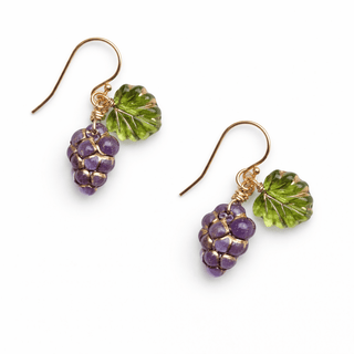 Grape-shaped earrings with green leaves on a white background, 14k gold earring wire