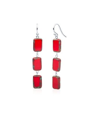 Red Glass Rectangle Beaded Drop Earrings