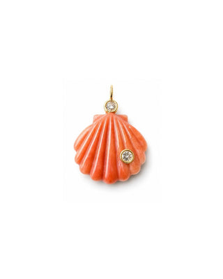 Coral Scallop Shell Pendant with inlayed gemstones on white background
