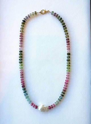 Rainbow Tourmaline &amp; Baroque Pearl Horizon Statement Necklace