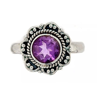 Faceted Amethyst Round Sterling Silver Petal Ring