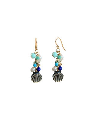 Gemstone & Mother of Pearl Scallop Shell Cluster Earrings