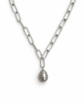 Pearl Drop Necklace, Chunky Paperclip Chain