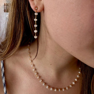 Close-up of a person wearing gemstone earrings and a matching necklace.