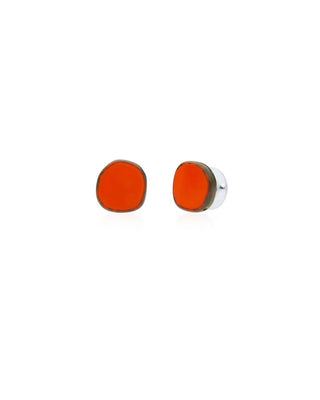 coral small glass beaded stud earrings on white background