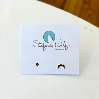 Small Stud Earrings, Star and Crescent Moon Mismatched Set