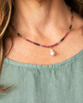 Rainbow Tourmaline Baroque Pearl Drop Necklace
