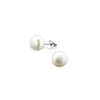 Pair of pearl 8mm white freshwater stud 
earrings on a white background