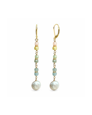 rainbow Aquamarine and coin pearl 14k gold drop earrings 