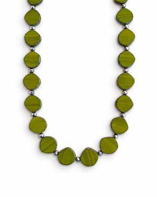 Avocado Green Beaded Necklace, Small Circle Glass Beaded Necklace