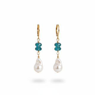 Baroque Pearl and London Blue Topaz Earrings on white