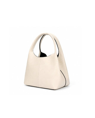 White handbag with black accents on a white background