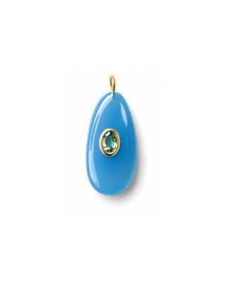 Blue teardrop pendant with a green gemstone on a white background