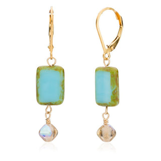 Sky Blue Rectangle Glass Drop Earrings on 14k Gold Fill Leverback with Crystal Accent