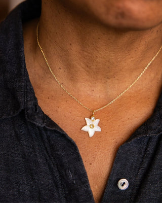 Necklace with a star-shaped pendant worn by a person wearing a dark shirt.