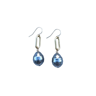 Chunky Pearl Drop Earring Steel Blue and Gold