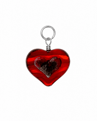 coral and orange glass heart charm on white 
