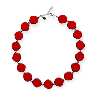 red large glass circle beaded necklace with sterling silver on white backgroun