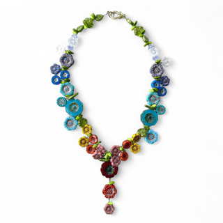 Colorful Flower and Fruit Statement Necklace from glass beads and gold