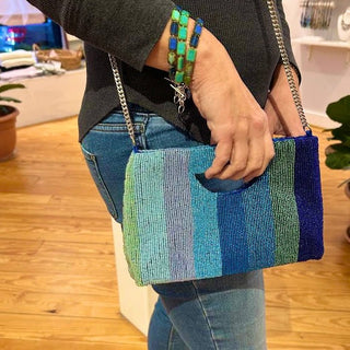 Blue Ombre Striped Beaded Statement Clutch & Crossbody