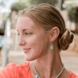 Glass Teardrop earrings on woman sea foam color