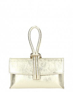 Gold clutch bag with a strap on a white background 
