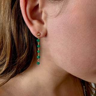 Green onyx beaded chain earrings on ear