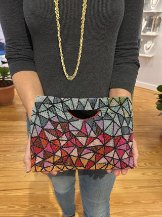 Geometric Dark Rainbow Beaded Statement Clutch